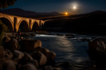 A beautiful bridge made of stones in the night where the water is shining with the reflection of moon light - AI Generative