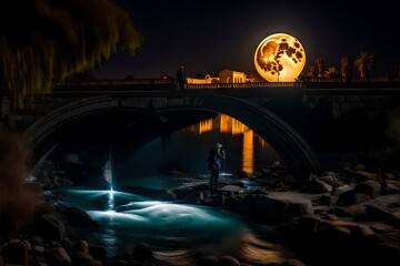 A beautiful bridge made of stones in the night where the water is shining with the reflection of moon light - AI Generative