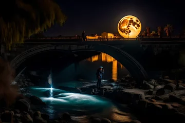 Fototapete Pont du Gard A beautiful bridge made of stones in the night where the water is shining with the reflection of moon light - AI Generative