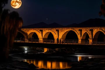 Poster de jardin Pont du Gard A beautiful bridge made of stones in the night where the water is shining with the reflection of moon light - AI Generative