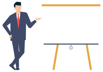 A young man in a suit is giving a presentation.  illustration.