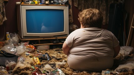 Back view of obese young kid sitting on floor with trash and mess in the room, playing video games online, concept: Overweight due to too little exercise - obrazy, fototapety, plakaty