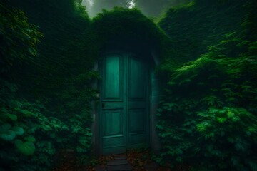 A mysterious door hidden behind a lush shrub in the garden of Songville reveals a secret world of cobblestone streets and ancient buildings shrouded in misty rain - AI Generative