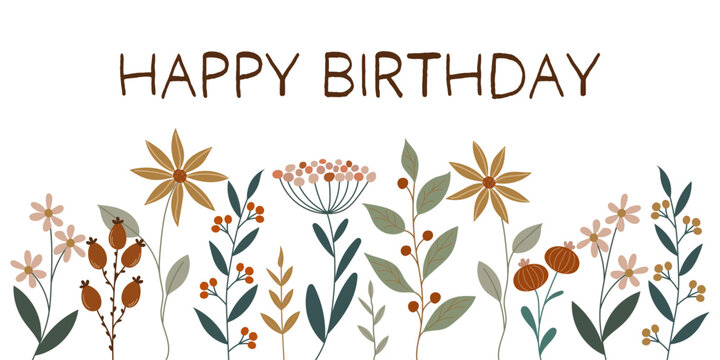 Happy Birthday - Schriftzug in englischer Sprache - Alles Gute zum Geburtstag. Geburtstagskarte mit hübschen Blumen.