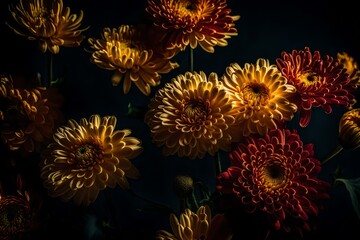 A still life close up shot of Chrysanthemum flowers. The Chrysanthemum blooms appear as though they're caught in a fleeting moment of serenity - AI Generative