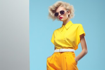 Young beautiful blonde female model in retro style clothing and 80s and 90s colors. Attractive white woman presenting high fashion. Vintage stylish fashion photo shooting. Generative AI