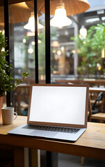 Laptop blank screen on table in cafe, remote work or freelancing concept