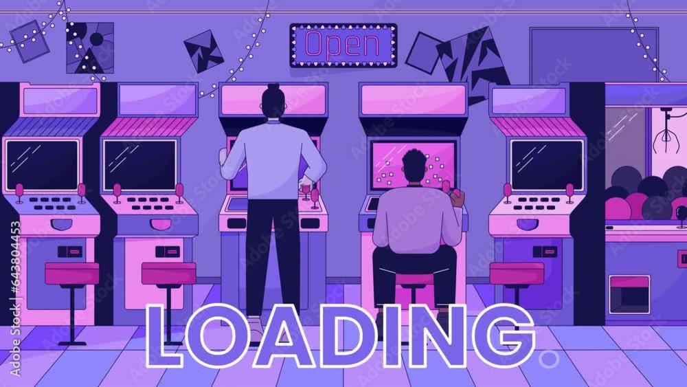 Poster play arcade machines line 2d loading animation. friends gamers arcade videogame animated cartoon lin