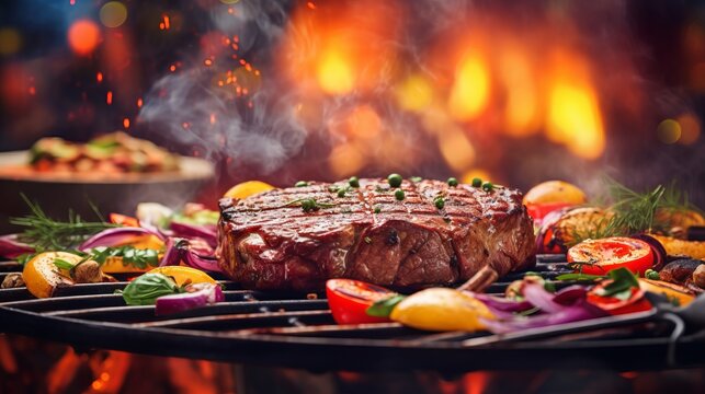 Barbeque grill with delicious grilled steak and vegetables on blurred party people background 