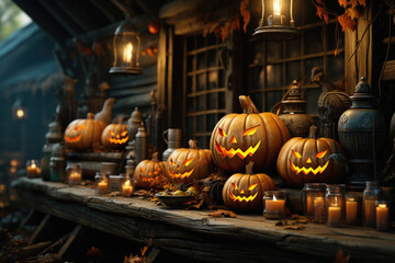 Happy Halloween background spooky scene, creepy dark night with jack o lantern pumpkins spooky ghosts horror gothic evil mysterious night haunted haloween house backdrop.