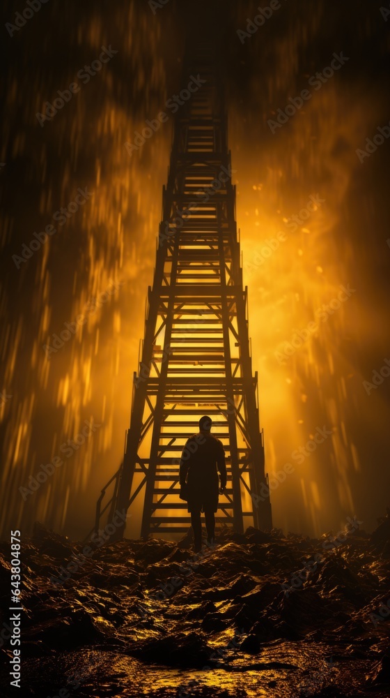 Poster a man standing in front of a fire tower. generative ai image.