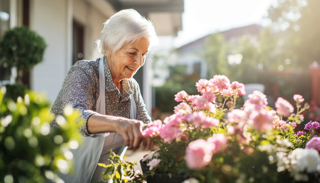 elderly woman planting flowers in front garden