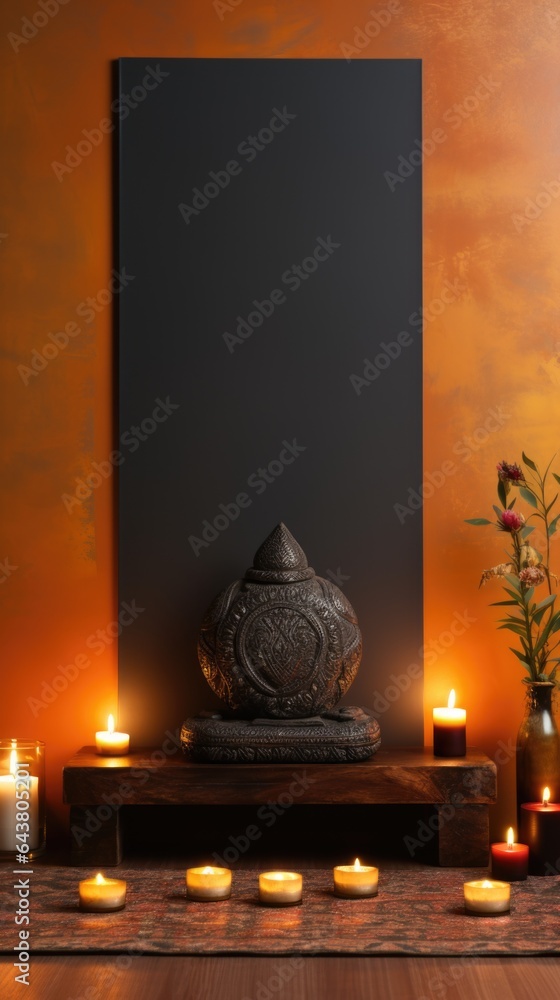 Poster a buddha statue surrounded by candles on a table. generative ai image.