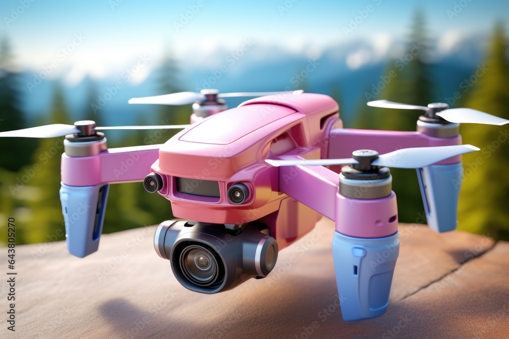 Poster a pink toy drone with a camera attached to it. generative ai image.