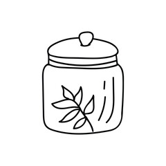 Glass jar with leaf doodle icon in vector