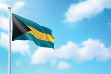 Waving flag of Bahamas on sky background. Template for independence