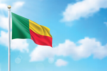 Waving flag of Benin on sky background. Template for independence