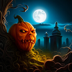 Halloween jack-o-lantern pumpkin with scary face with graveyard and full moon in the background illustration
