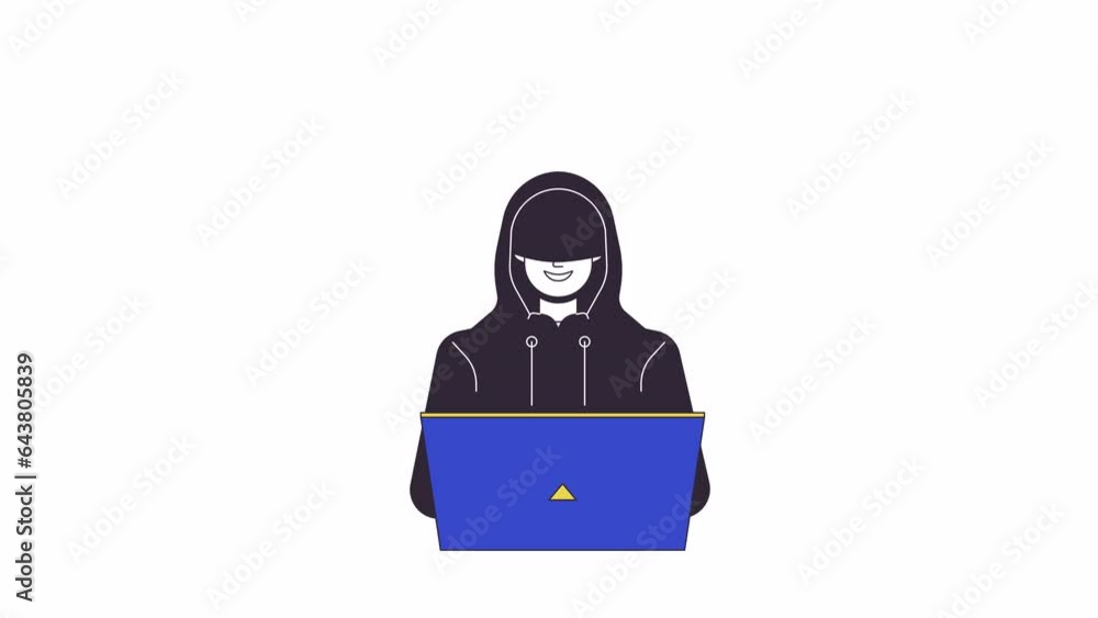 Poster laptop typing criminal with hoodie line 2d character animation. cyber attack flat color cartoon 4k v