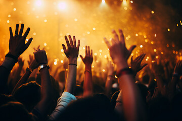 people dancing in the nightclub. crowd at concert, Raised Human Hands in Club with Falling Yellow and Gold Confetti: Celebration and Party Concept