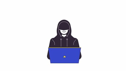 Laptop typing criminal with hoodie line 2D character animation. Cyber attack flat color cartoon 4K video, alpha channel. Anonymous unknown computer hacker coding animated person on white background