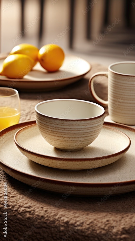 Poster a table topped with plates and cups filled with oranges. generative ai image.