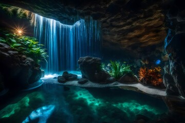 cave, waterfall, aquatique, Natural and artificiel structure indoor, Crysta - AI Generative