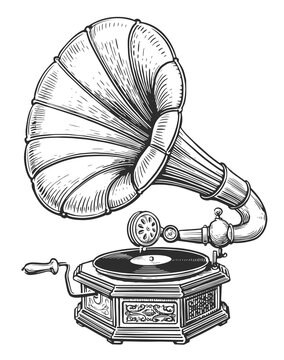Vintage gramophone engraving style. Old record player with vinyl disk. Retro musical equipment sketch illustration
