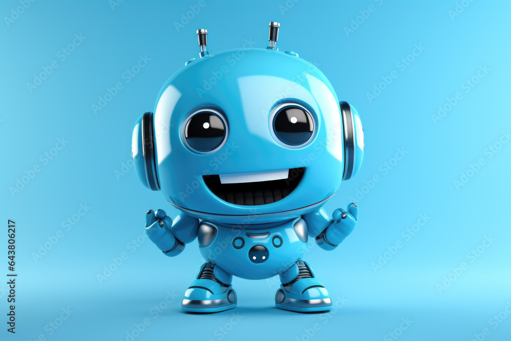 Poster picture of blue robot with big smile on its face. this image can be used to represent technology, ar