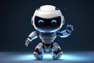 White robot with blue eyes standing in dark environment. This image can be used to depict technology, artificial intelligence, future, or science fiction themes.