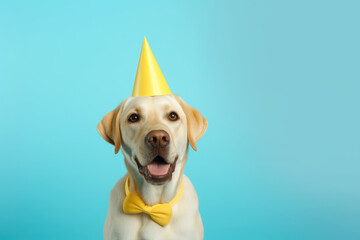 Picture of dog wearing party hat and yellow bow tie. This image can be used for birthday celebrations or other festive occasions. - Powered by Adobe