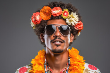 Man wearing flower crown on his head. This image can be used to represent happiness, celebration,...