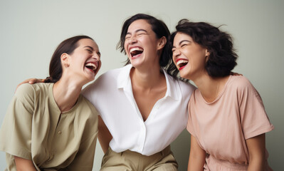 women laughing smiling on a grey background, in the style of vibrant colorism, white background,...