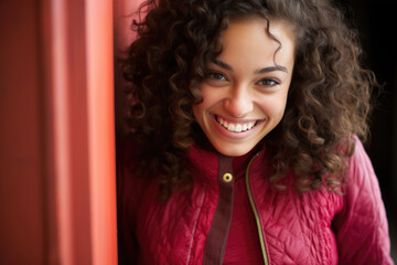 Woman with curly hair smiling and leaning against wall. This versatile image can be used in various contexts and projects.