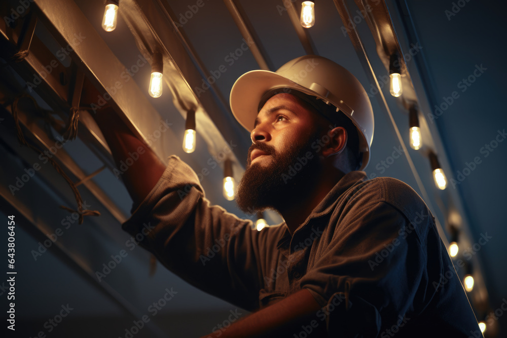Poster man wearing hard hat is diligently working on light fixture. this image can be used to depict constr
