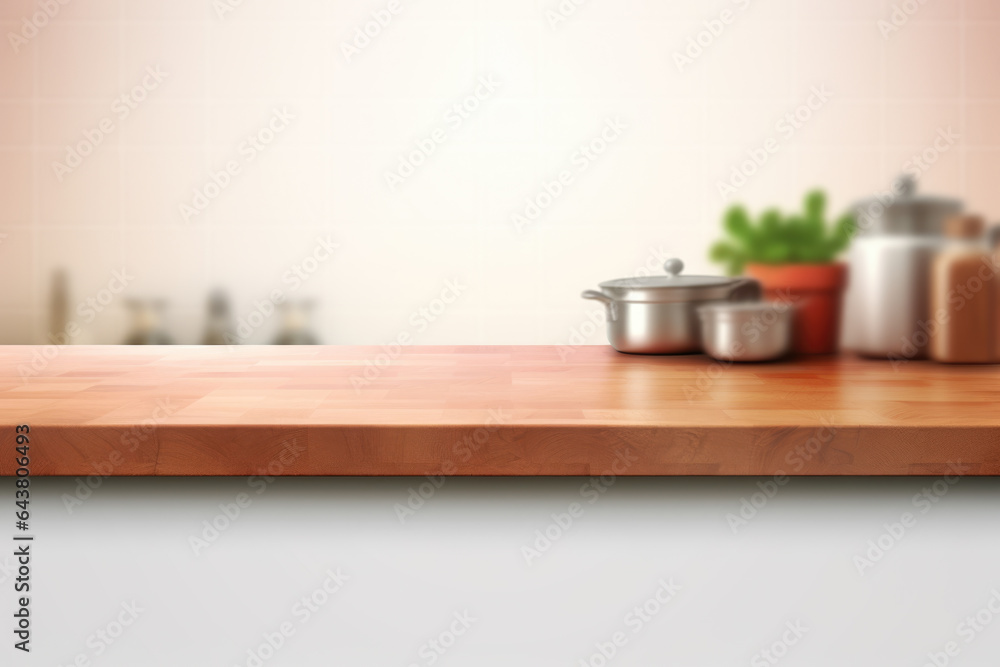 Poster simple wooden counter top with various pots placed on it. this versatile image can be used to showca