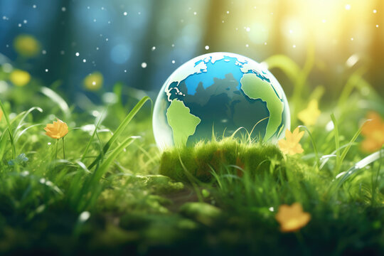 Green globe sits on top of lush green field. This image can be used to represent environmental conservation or concept of sustainable world.