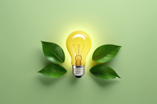 Light bulb surrounded by leaves on vibrant green background. Perfect for eco-friendly concepts and ideas.