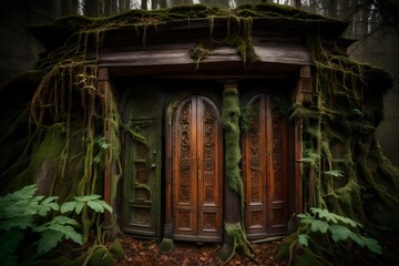 Fototapeta na wymiar In the heart of a mystical forest, you encounter magnificent wooden doors - AI Generative