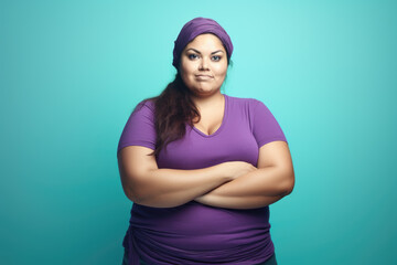 Woman wearing purple shirt poses for picture. Suitable for various uses. - obrazy, fototapety, plakaty