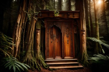 In the heart of a mystical forest, you encounter magnificent wooden doors - AI Generative