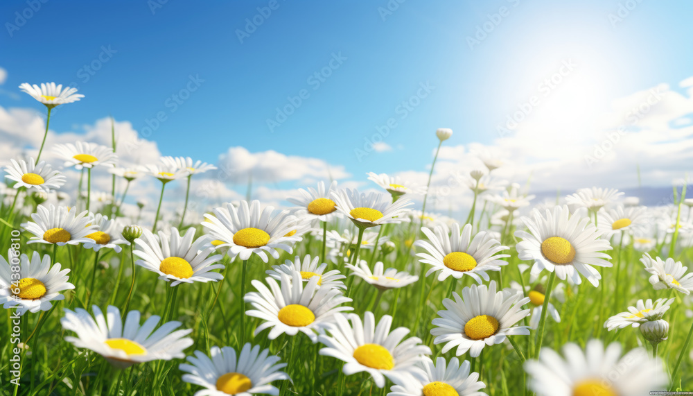 Poster beautiful field of daisies illuminated by sun. perfect for adding touch of nature and serenity to yo