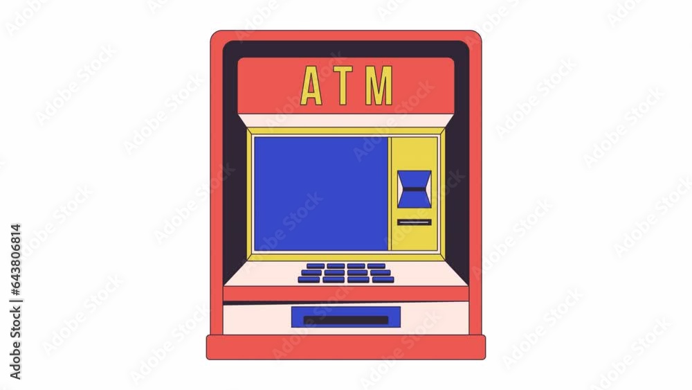Poster atm machine screen line 2d object animation. withdraw money service flat color cartoon 4k video, alp