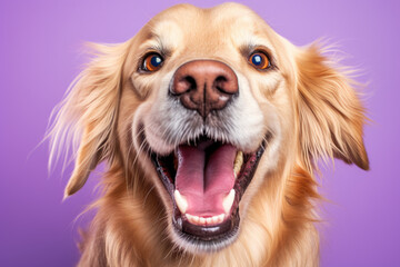 Close-up photograph of dog with its mouth open, capturing its expression and energy. This image can be used to depict excitement, playfulness, or even dog panting on hot day.