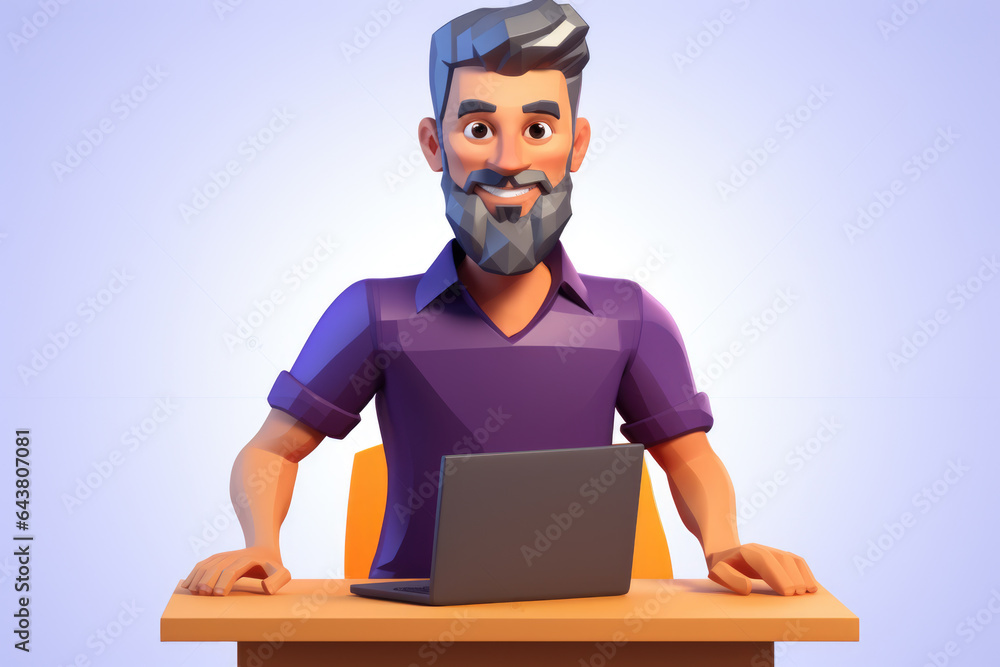 Poster man is sitting at desk with laptop. this image can be used to depict someone working, studying, or u