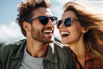 Picture of man and woman wearing sunglasses and smiling. This image can be used to depict happiness, friendship, or fun outing in sun.