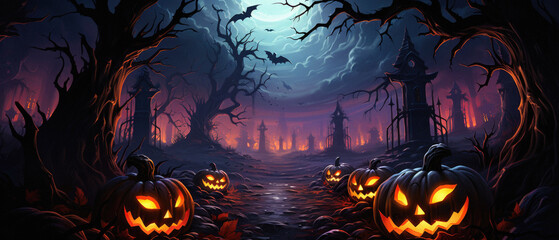 Fototapeta premium Halloween spooky background, scary jack o lantern pumpkins in creepy dark forest with bats, spooky trees, moon and old house Happy Haloween ghosts horror gothic mysterious night moonlight backdrop.
