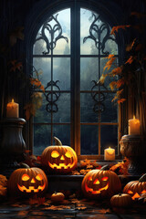 Obraz premium Happy Halloween background spooky scene, creepy dark night with jack o lantern pumpkins spooky ghosts horror gothic evil mysterious night haunted haloween house backdrop.