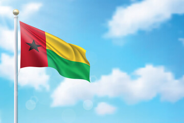 Waving flag of Guinea-Bissau on sky background. Template for independence