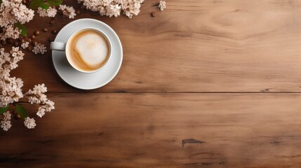 Top view of a cup of coffee and flowers on a wooden table